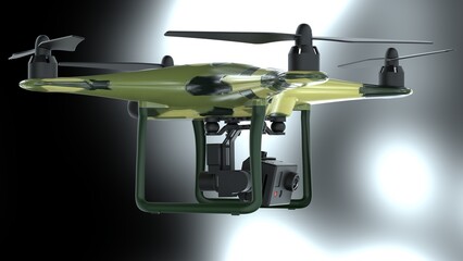 Powerful  military painted drone loaded with some of most advanced imaging and flight technologies under flash light. Concept image of video production, agriculture solution and public safety. 3D CG.