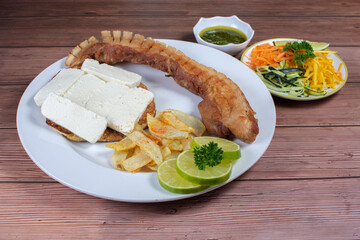 Typical Colombian food, chocolo arepa with cheese, pork chicarron French fries, chimichurri and salad