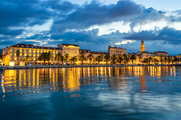Diocletian Palace and St Domnius Cathedral at blue hour in Split. Dalmatia, Croatia