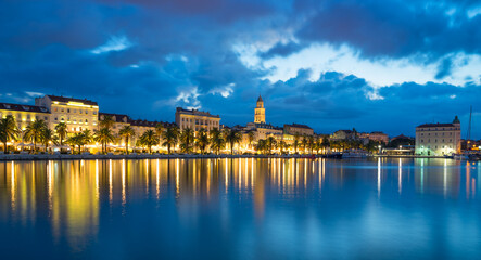 Fototapeta na wymiar Diocletian Palace and St Domnius Cathedral at blue hour in Split. Dalmatia, Croatia
