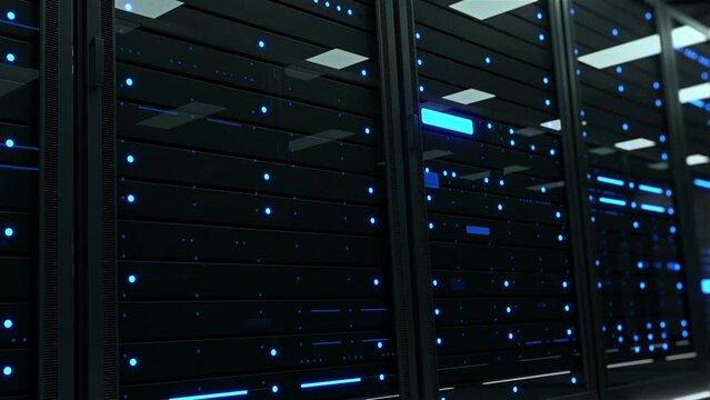High speed network connecting data servers in a server room. Data center with working rack servers that are used for big data and cloud computing services. Technology, IT background. 3D animation. 4K