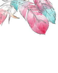 621_feathers of birds, graphics bird feathers, watercolor drawing on a white background, colorful fluff on a white background