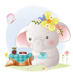 Cute elephant tea party watercolor illustration