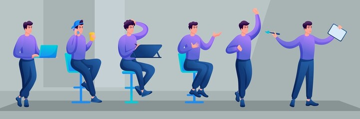 Collection of Teenagers in modern casual clothes. Variants of the movements. Designer. Young Specialist is Sitting on a Chair, Drinking Coffee, Talking on the Phone, Drawing on a Tablet