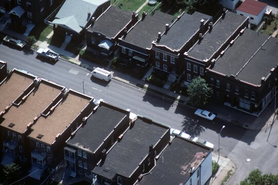 Brick row homes in St. Louis, Missouri. These homes get extremely hot in summer. They contribute to "urban heat islands."