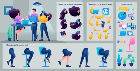Stylized Character, A girl from the creative group. Set for Animation. Use Separate Body Parts to Create An Animated Character. Set of Emotions
