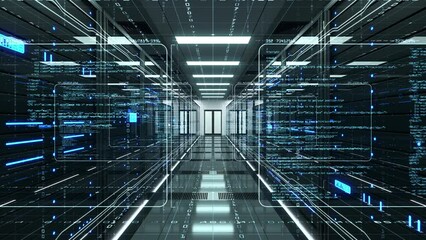 Transmission of digital information over a network between computing servers and a big data storage in a data center server room. Concept of cloud computing, cloud storage and machine learning. 4K - Powered by Adobe