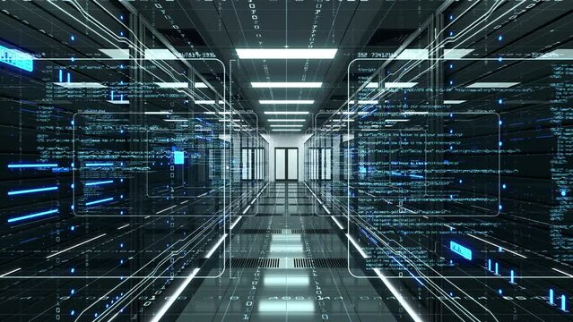 Transmission of digital information over a network between computing servers and a big data storage in a data center server room. Concept of cloud computing, cloud storage and machine learning. 4K