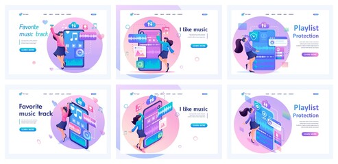 Set of landing pages about the love of music. Isometric 3D and 2D illustrations. Listen to music, enjoy music, dance to music
