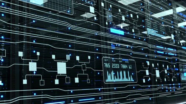 Transmission of digital information over a network between computing servers and big data storage in a data center server room. Concept of cloud computing and machine learning. Closeup dolly shot. 4K