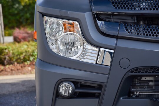 Mercedes-Benz Actros F. Economical tractor for truck transport. Front light. 10-12-21, Prague, Czech Republic.