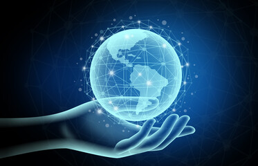 Technologies connecting the world,  digital world is floating above the hands of people, blue light illustration with black background.