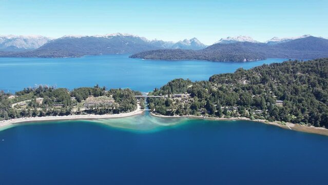 A View Over Correntoso and Nahuel Huapi Lakes in Villa la Angostura (Spanish for Town of the Narrowing), Neuquen Province, Argentina, South America. 4K Resolution.