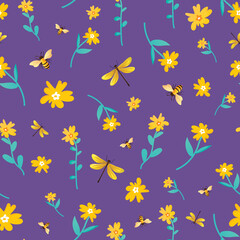 Seamless pattern with flowers, bees and dragonflies.