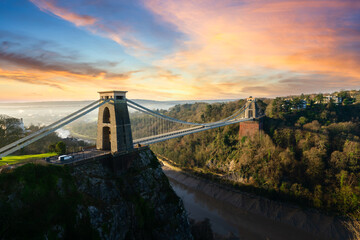 Clifton suspension bridge at sunrise in Bristol, England