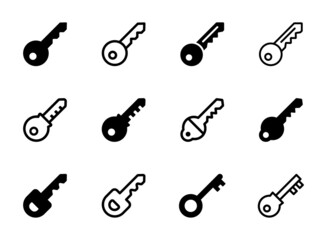 Key icon collection on black design. Door key symbol isolated on white background.