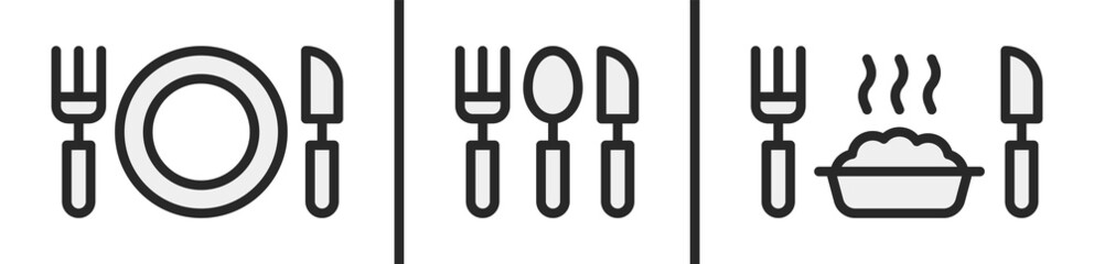 Cutlery icon collection. Fork, knife, spoon and plate icon set. Vector illustration