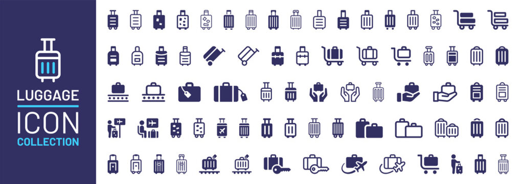 Luggage icon collection. Luggage trolley line icon set. Suitcase bag sign. Baggage claim symbol. Vector illustration