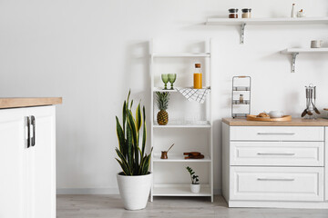 Obraz na płótnie Canvas Interior of light modern kitchen with shelf unit