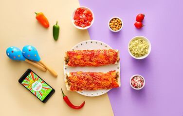 Traditional Mexican enchilada, maracas and mobile phone on color background. Cinco de Mayo (Fifth of May) celebration