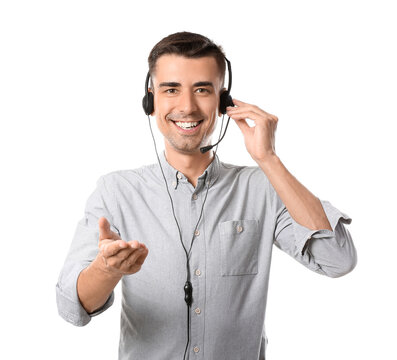 Answering Male Consultant Of Call Center In Headset On White Background