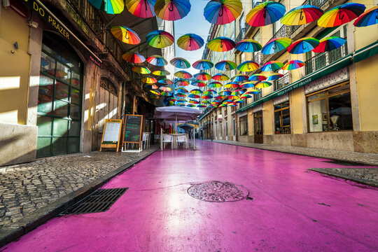 Rua Nova do Carvalho street. It's known as Lisbon&rsquo;s Pink Street, and lies in the now popular neighborhood Cais do Sodre. Cais do Sodre: Lisbon,Portugal-February 20,2022