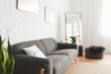 Comfortable sofa and mirror near light wall in living room interior, blurred view