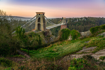Clifton suspension bridge at sunrise in Bristol, England