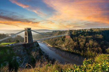 Clifton suspension bridge at sunrise in Bristol, England