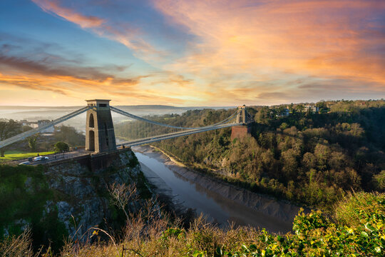 Clifton suspension bridge at sunrise in Bristol, England