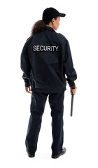 African-American female security guard with baton on white background