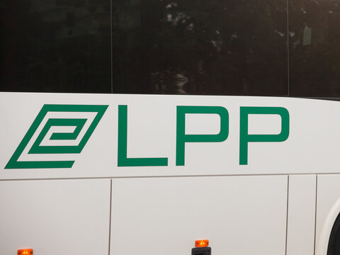 LJUBLJANA, SLOVENIA - JUNE 15, 2021: LPP logo on an urban bus in Ljubljana. LPP, or Ljubljanski Potniski Promet, is the public transportation company and operator of Ljubljana. ....
