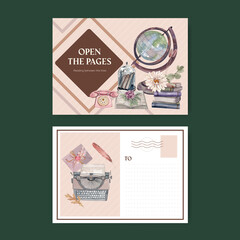Postcard template with book letter vintage concept,watercolor style
