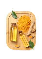 Bottles of oil, turmeric root and powder on white background