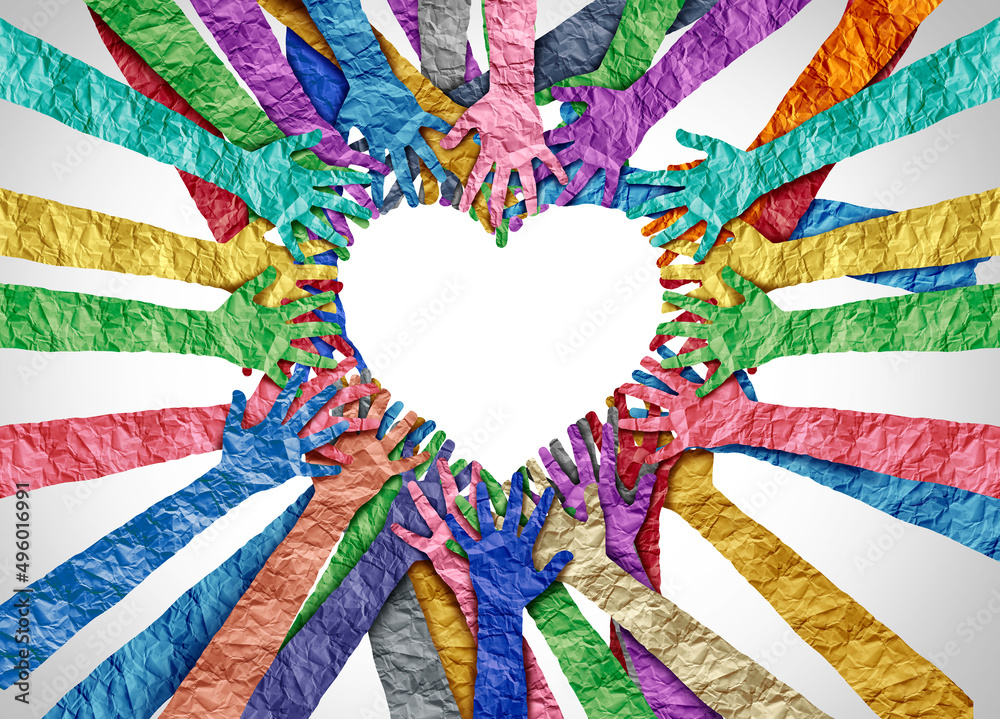 Poster united diversity and unity partnership as heart hands in a group of diverse people connected togethe