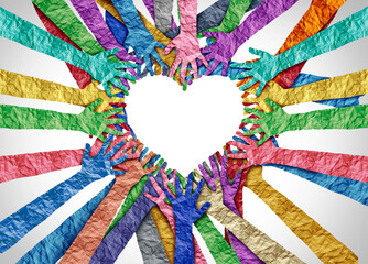 United diversity and unity partnership as heart hands in a group of diverse people connected together shaped as a support symbol expressing the feeling of teamwork and togetherness. - obrazy, fototapety, plakaty