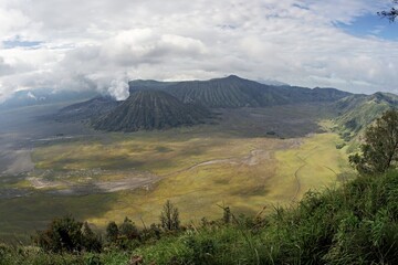 Gunung Bromo, active volcano, smoke from the crater, crater