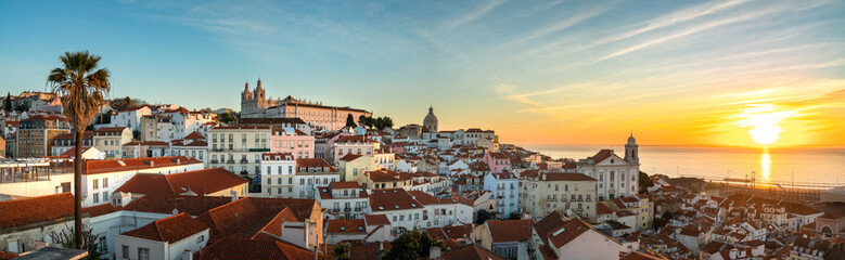 Sunrise panorama of old town district of Lisbon called Alfama, Portugal