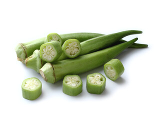 Raw green okra sliced ​​on white background