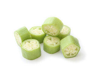 Raw green okra sliced ​​on white background