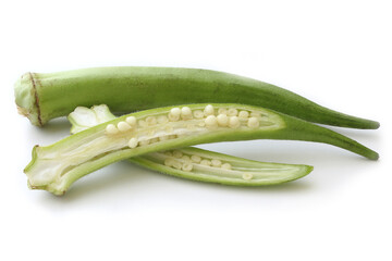 Raw green okra on white background
