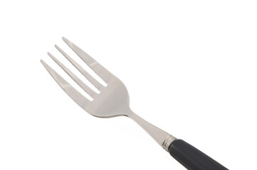 Stylish stainless steel fork on white background
