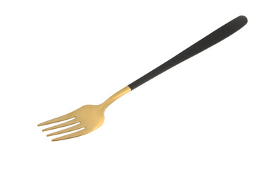 Stylish stainless steel fork on white background