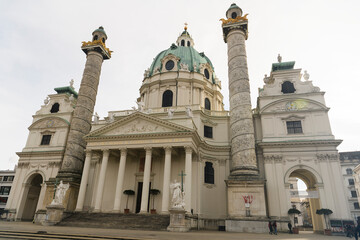 Fototapeta na wymiar View to famous baroque St. Charles Church or Karlskirche in Vienna, Austria. January 2022