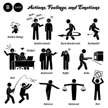 Stick figure human people man action, feelings, and emotions icons starting with alphabet B. Babble, back, backtrack, backpedal, badger, badmouth, baffle, bake, baking, bait, balance, and ban.