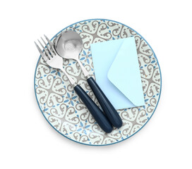Elegant table setting and envelope on white background