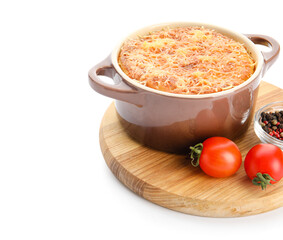 Pot with tasty Shepherd's pie on white background