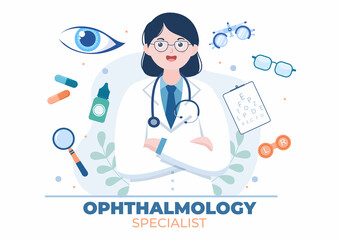 Ophthalmology of Checks Patient Sight, Optical Eyes Test, Spectacles Technology and Choosing Eyeglasses with Correction Lens in Flat Cartoon Illustration