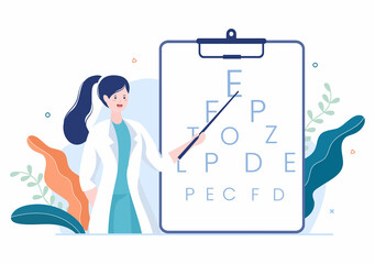 Ophthalmology of Checks Patient Sight, Optical Eyes Test, Spectacles Technology and Choosing Eyeglasses with Correction Lens in Flat Cartoon Illustration