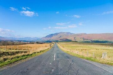Road A66 in Lake District overlooking Blencathra Hill. England